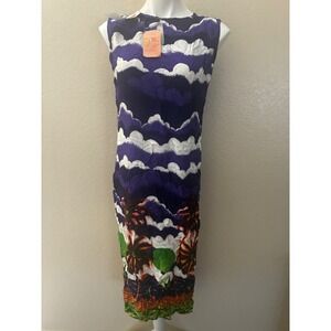Bali Chic Womens XL Purple Tropical Palm Tree Rayon Crinkle Midi Sheath Dress